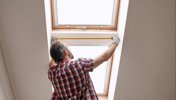 A person in a plaid shirt and gloves measures a skylights dimensions with a tape measure. The skylight, perfect for this roofing companys expertise, features a wooden frame, and the person is positioned below it, facing upwards.