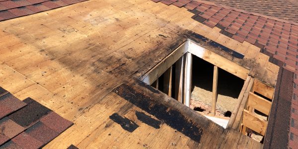 A rooftop under repair shows an exposed section with missing shingles and wooden planks around a cutout area, likely for skylight repair. The surrounding roof is covered with red-brown shingles. Trees and other rooftops are visible in the background, highlighting the expertise of the roofing contractor involved.