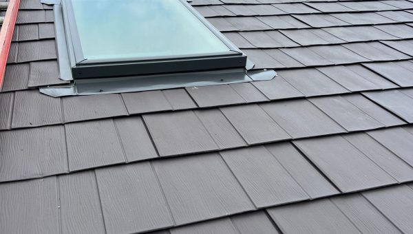 A sloped roof with dark shingles features a skylight window, recently upgraded by a roofing company. A red ladder is positioned along the left side, and a chimney is partially visible against a cloudy sky.