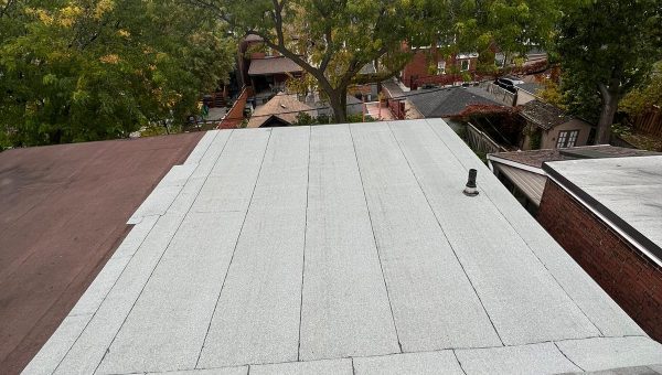 View from a rooftop showcasing gray and brown roofing materials. Trees with lush green leaves are visible in the background, alongside neighboring houses. A cloudy sky looms above, adding a serene backdrop to the expertly crafted roofing by a skilled contractor.
