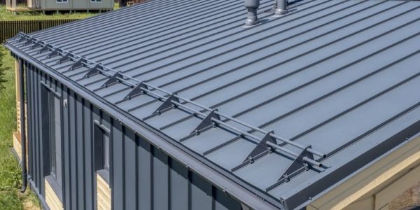 A modern building with a sleek, metallic roof featuring ridges and chimneys hints at expert craftsmanship by a roofing contractor. The gray-paneled structure stands in a grassy area with other houses nearby under a clear blue sky.