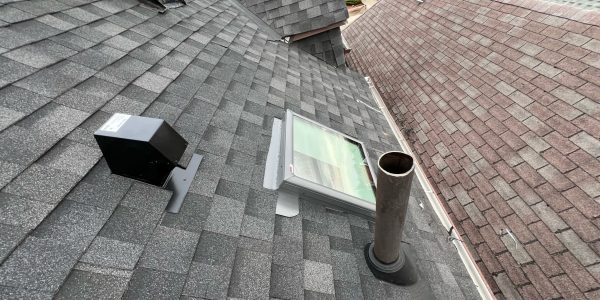 A sloped gray shingle roof with a skylight, a metal vent pipe, and a black roof vent. Neighboring houses with similar roofs are visible in the background.