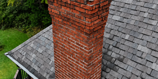 Aerial view of a brick chimney with two metal-topped flues and roof vent flashing repair on a shingled roof, surrounded by green trees and a wooden deck in the background.